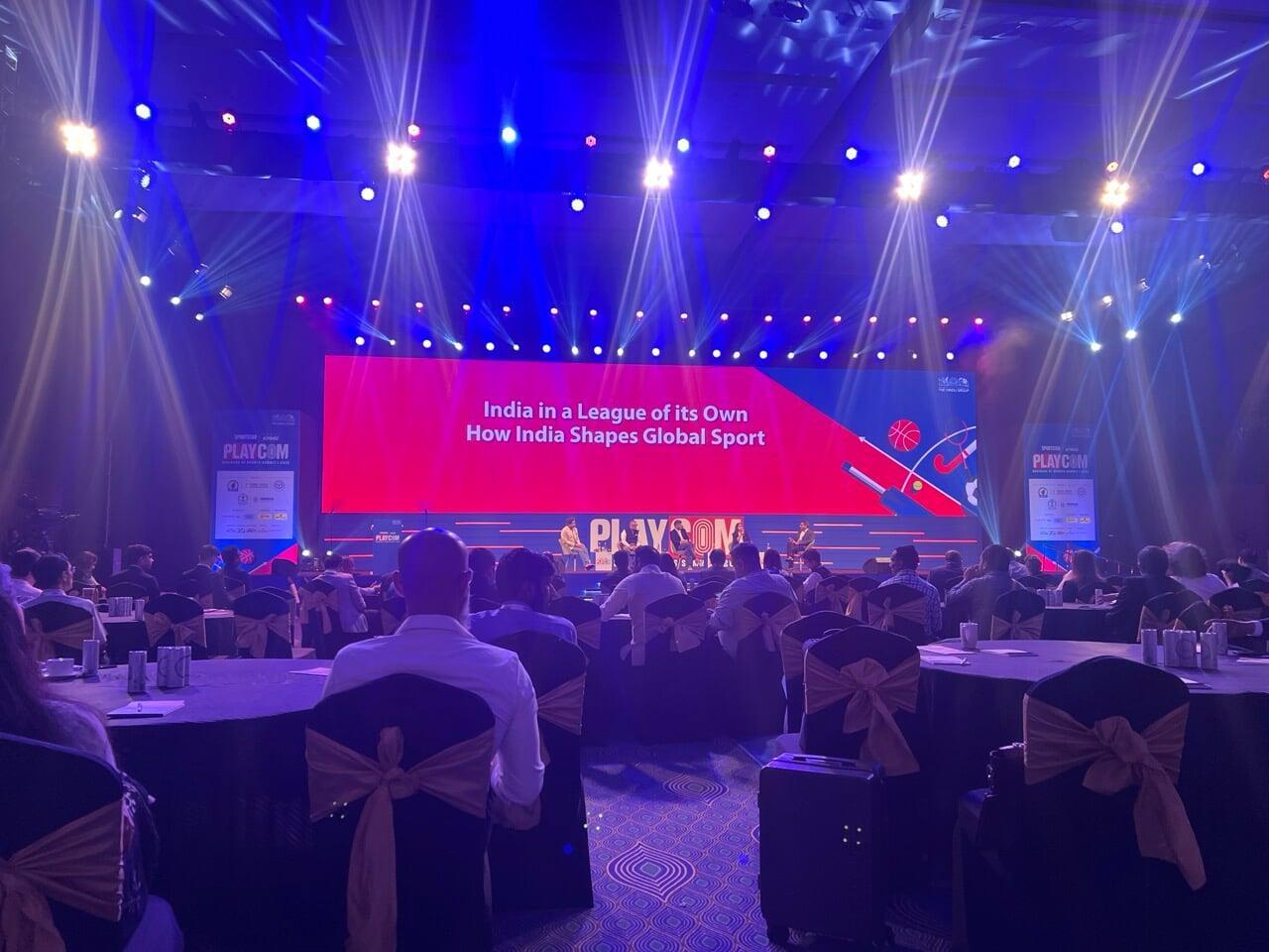 Arun Dhumal, chairman of the IPL, addressing a Playcom 2025 panel on the growth of Indian sports leagues.